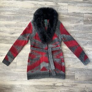 Ralph Lauren oversized belted cardigan wool sweater w/ faux fur collar womens M